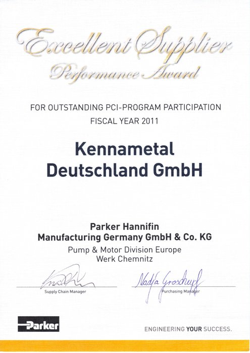 A Kennametal recebe da Parker Hannifin o Prêmio Excelente Desempenho de Fornecedor